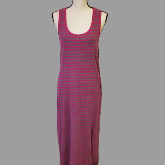 West Loop Brand Racerback T-Shirt Maxi Dress, Size Large, Burgundy/Grey Striped. - Picture 2 of 9